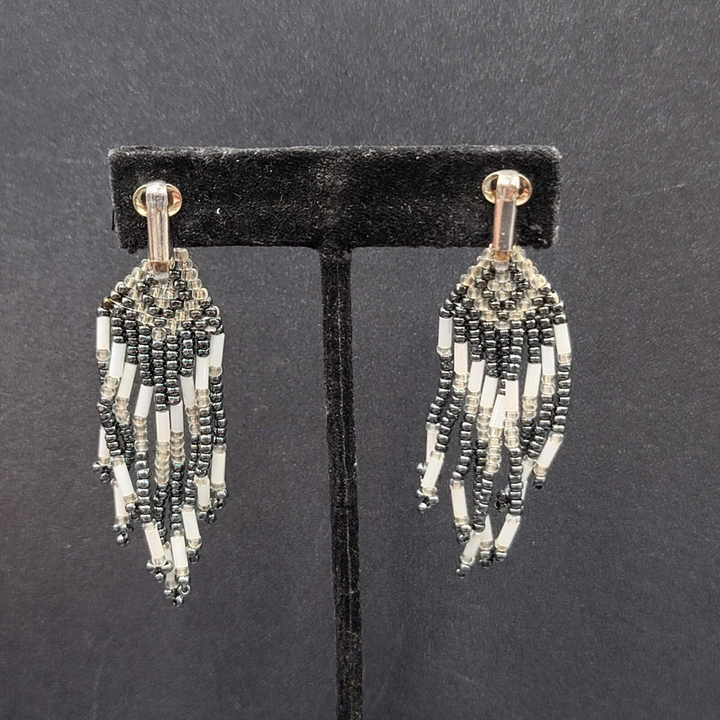 Vintage Clip on Earrings Seed Bead Weaved Dangle 2 3/8"