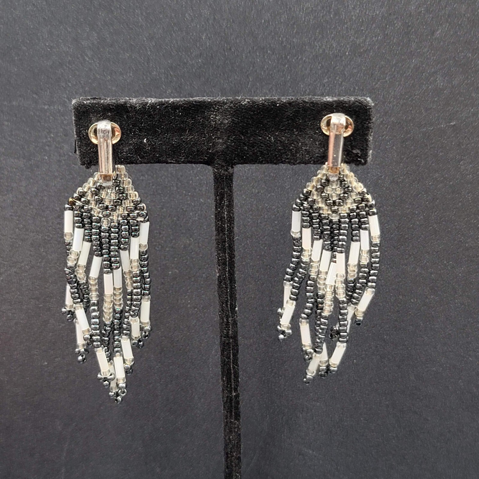 Vintage Clip on Earrings Seed Bead Weaved Dangle 2 3/8"