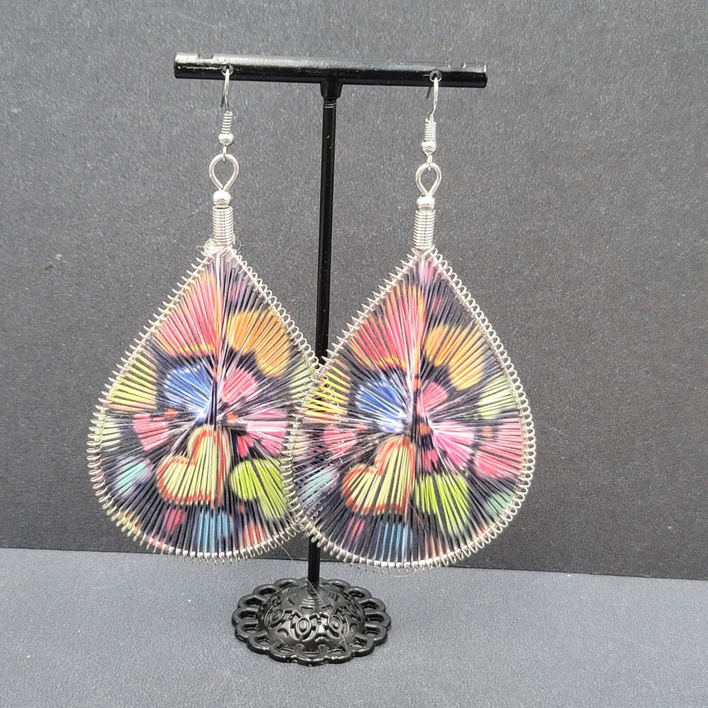 Large Pierced Earrings Silver tone Teardrop String Art Hearts Theme 3.5"