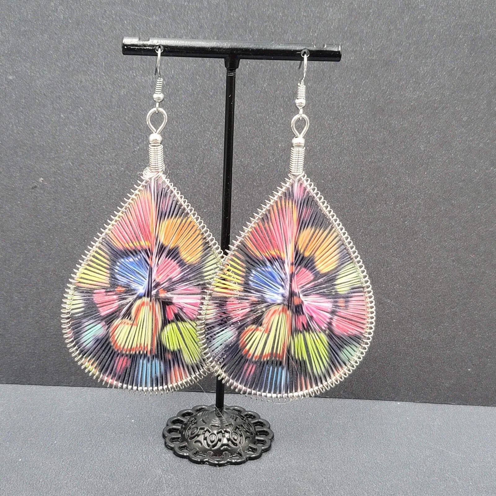 Large Pierced Earrings Silver tone Teardrop String Art Hearts Theme 3.5"