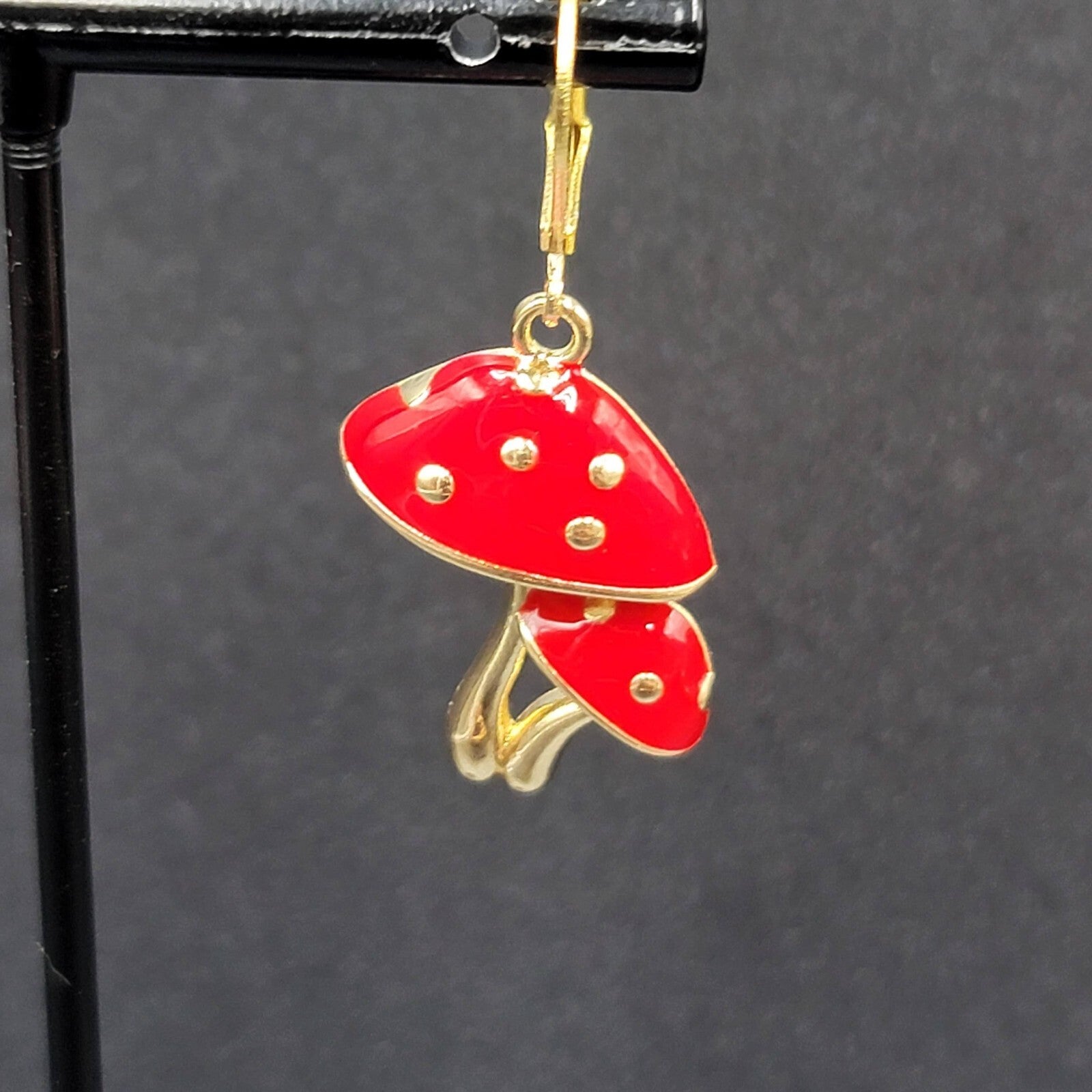 Double Mushroom Pierced Earrings Gold tone Enamel Red White Polka Dot Dangle 1"