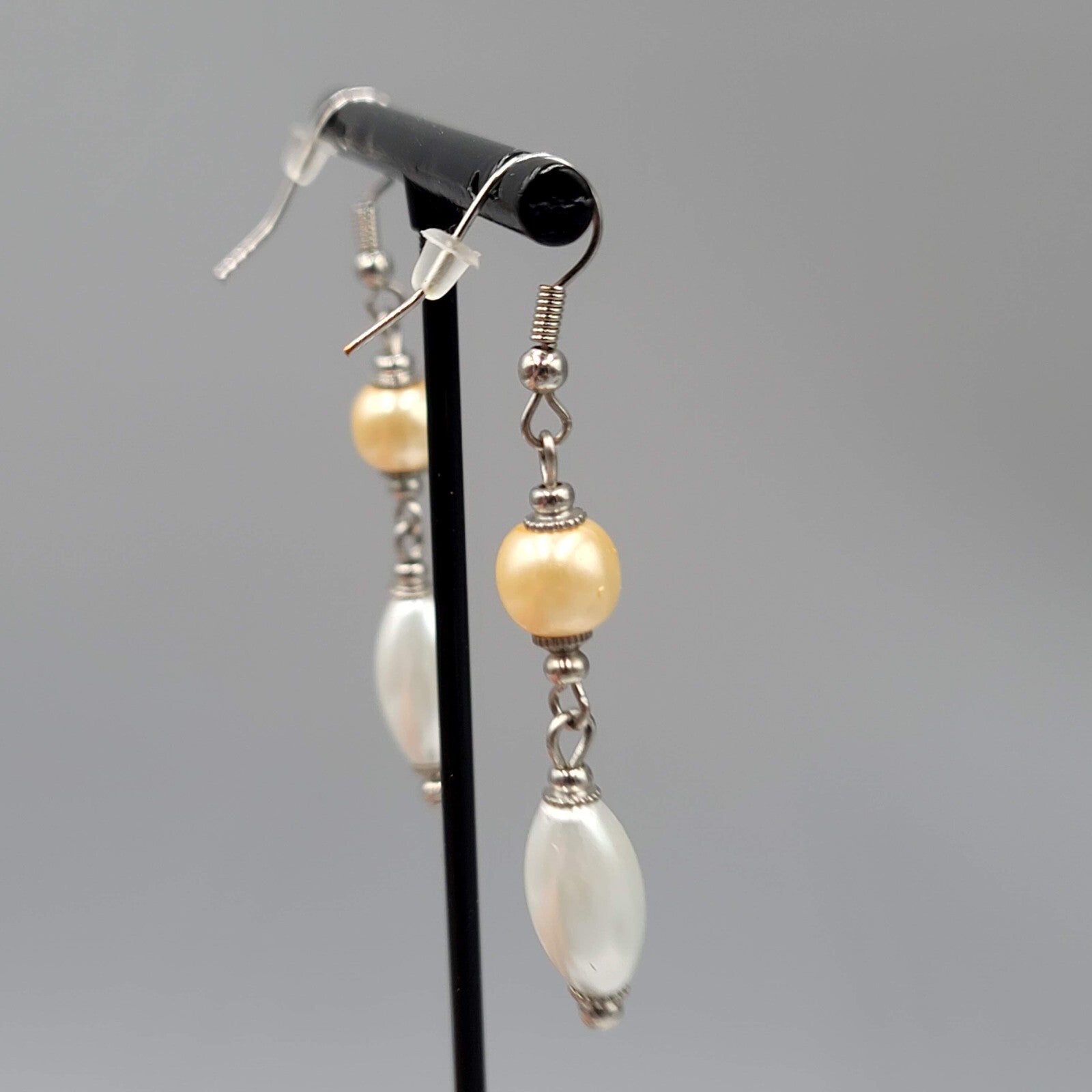 Pierced Earrings Silver tone Champagne White Bead Dangle 1.75"