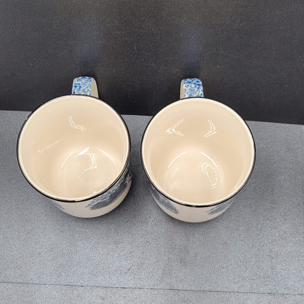 Set of 2 Vintage WOLF TIENSHAN FOLK CRAFT 10 oz Coffee Mugs Tea Cups Blue Sponge