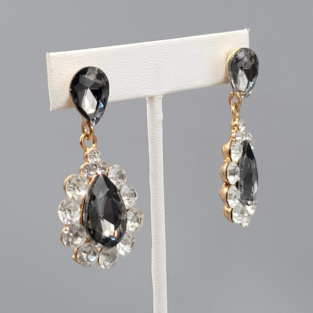 Gray Teardrop Glass Pierced Earrings Gold tone Dangle 2"