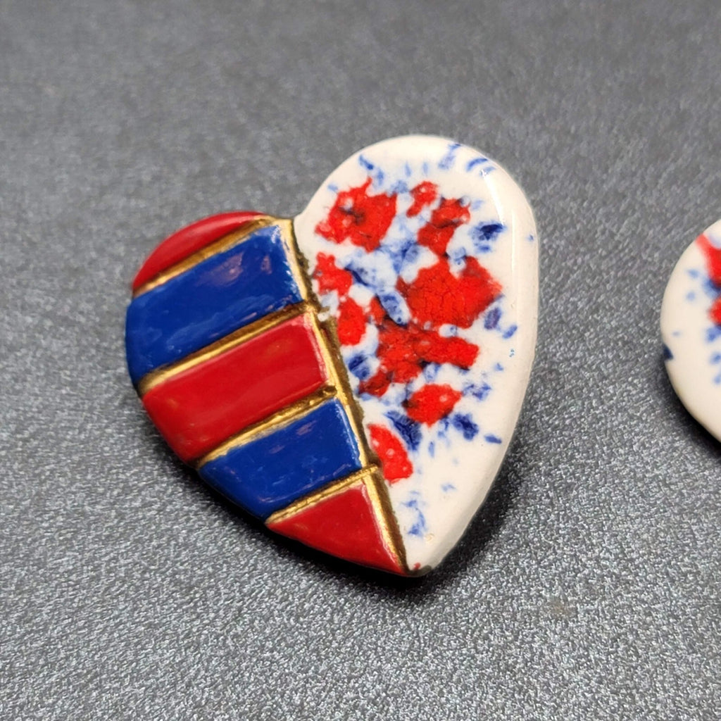 Vtg Heart Pierced Earrings Ceramic Hand Painted Patriotic Red White Blue 1.25"