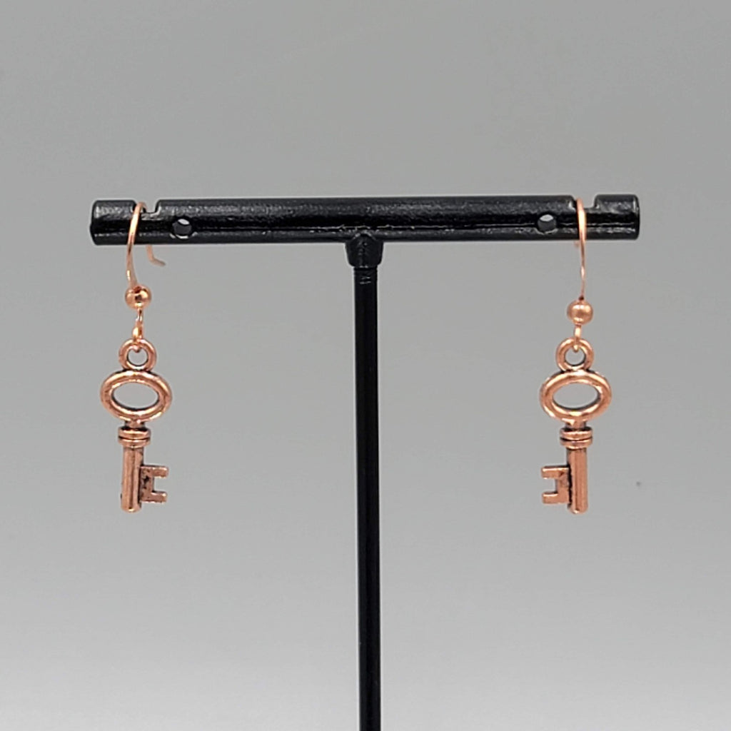 Copper tone Skeleton Key Pierced Earrings Dangle Small 3/4"