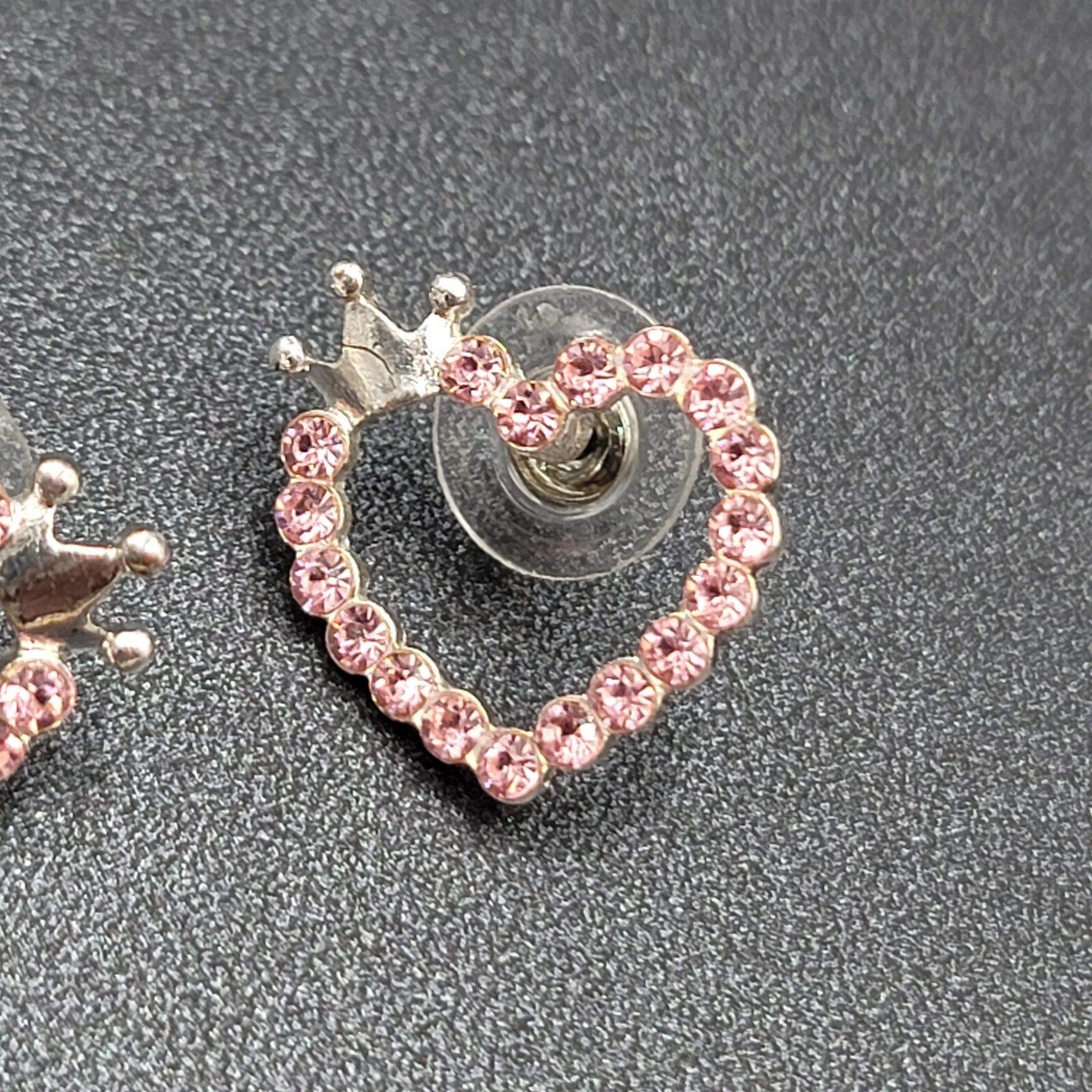 Heart Pierced Earrings Silver tone Crown Pink Crystal Studs 3/4"