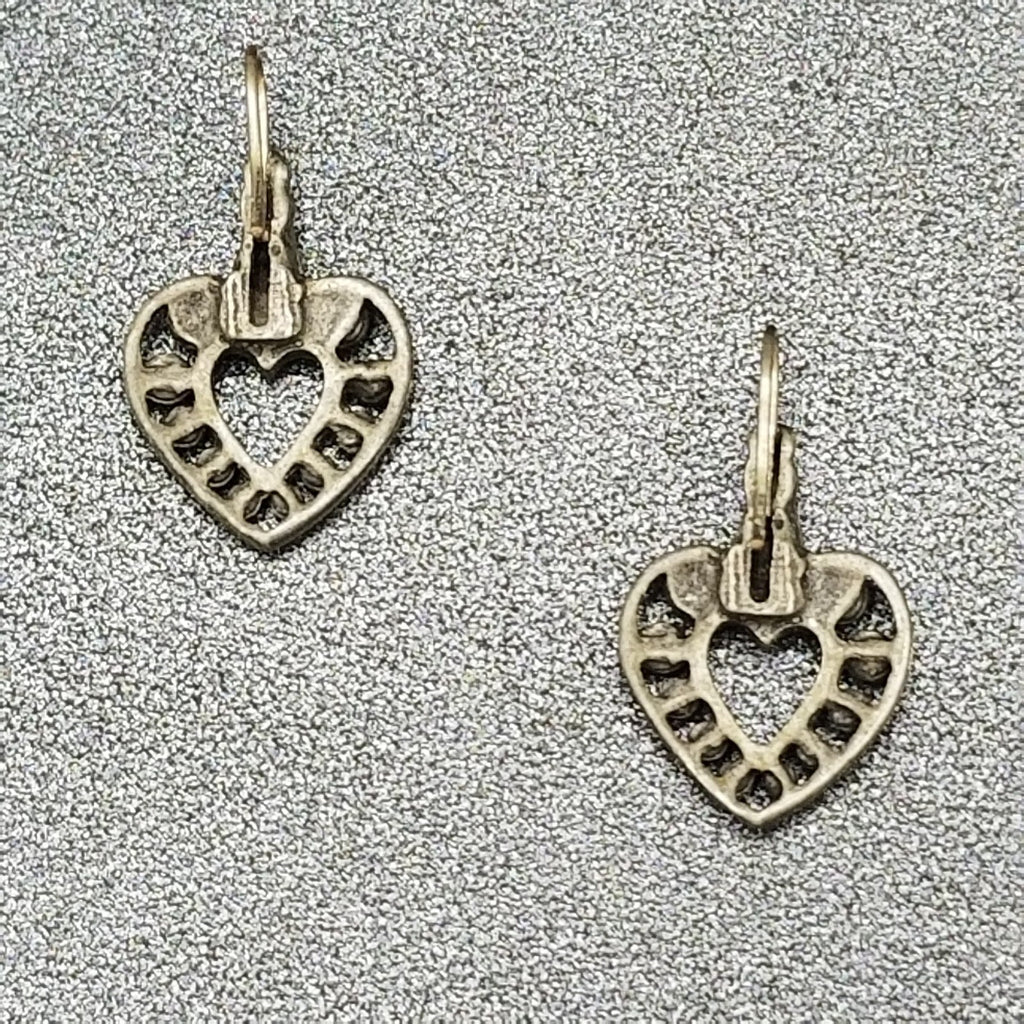 Pierced Earrings Pewter Beaded Open Heart Dangle Dark Gray 7/8"