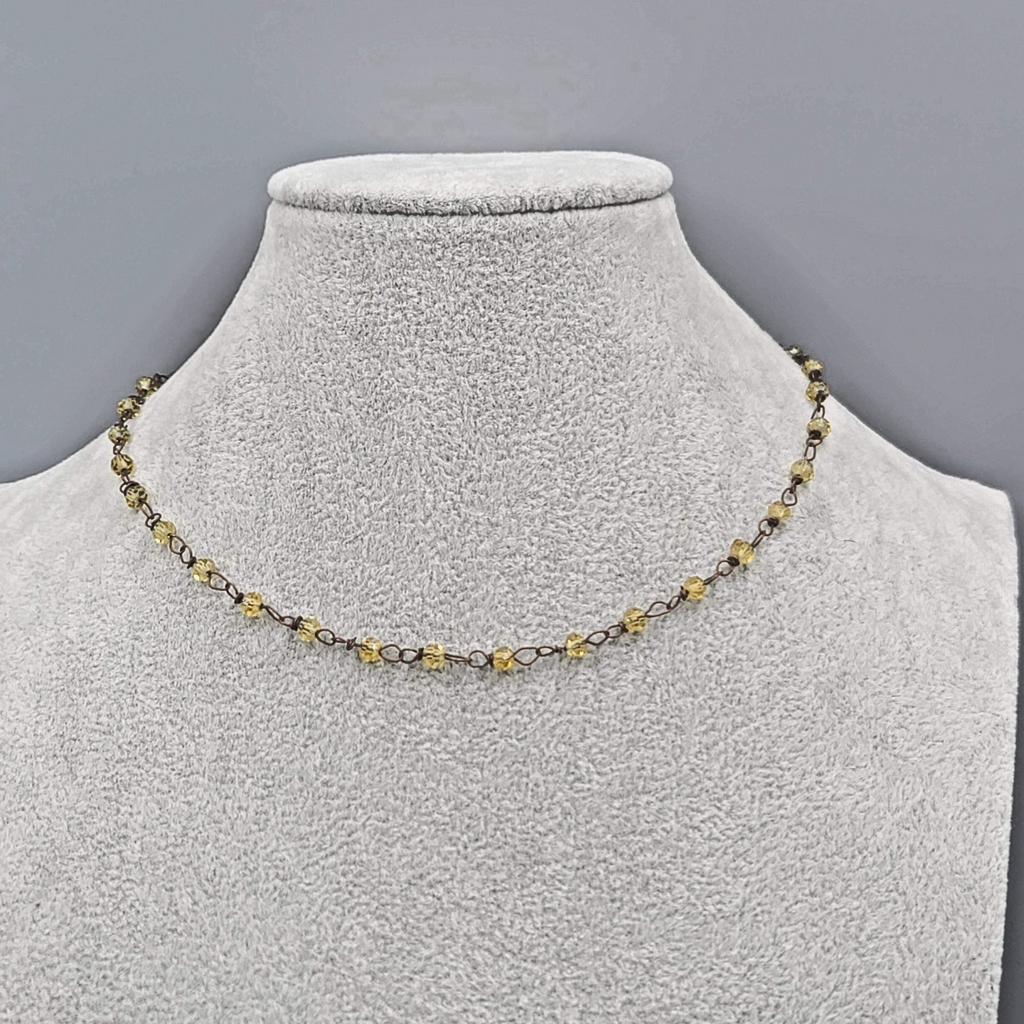 Dainty Bronze tone Chain Necklace Yellow Beads 16"