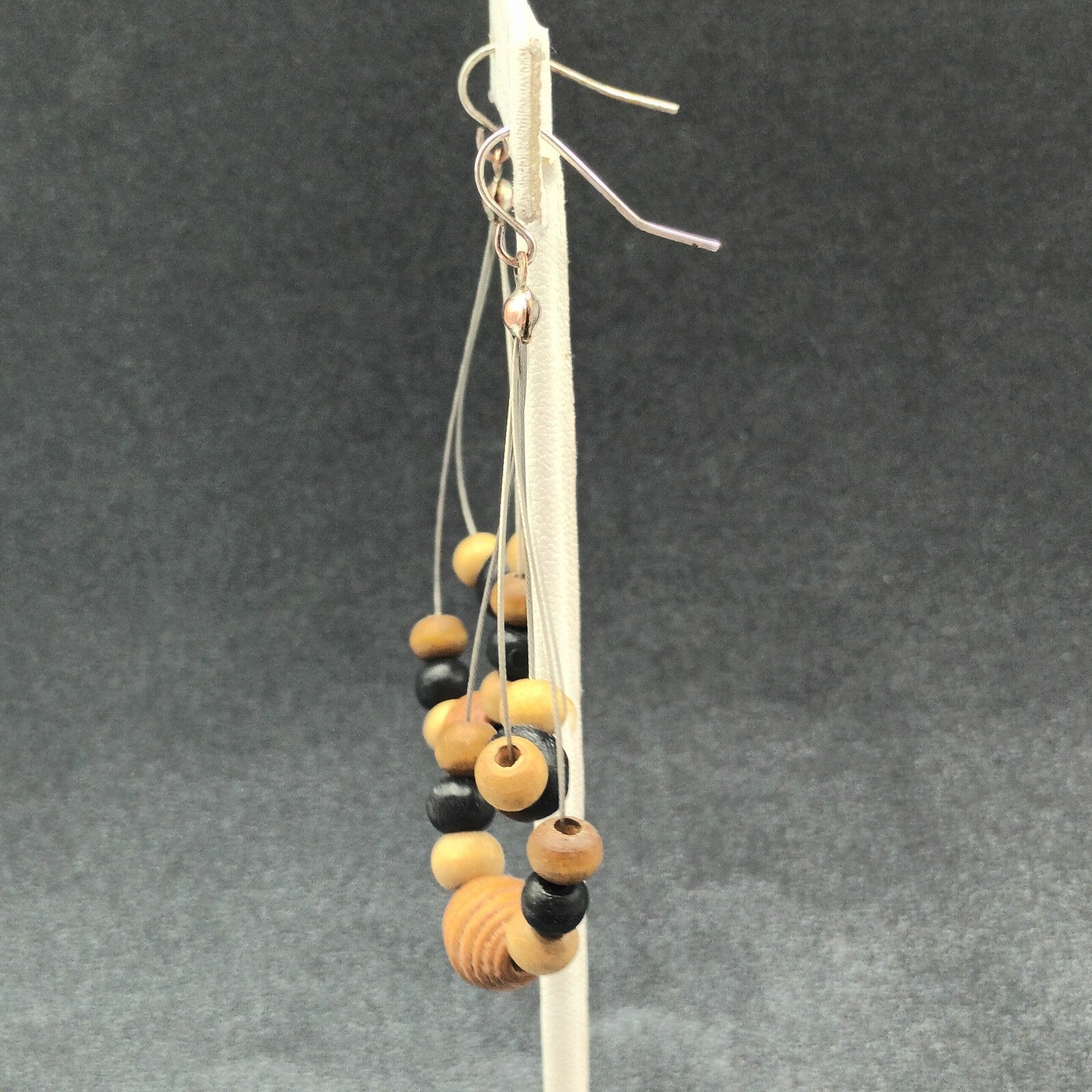 Pierced Earrings Silver tone Wood Beaded Wire Loop Dangle 2 3/8"