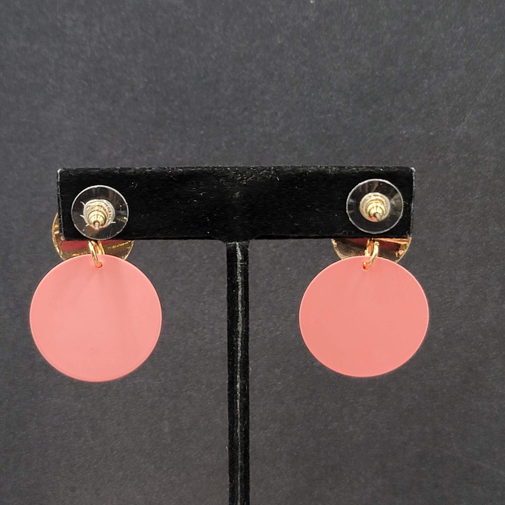 Pierced Earrings Gold tone Matte Pink Enamel Disc Dangle 1.25"