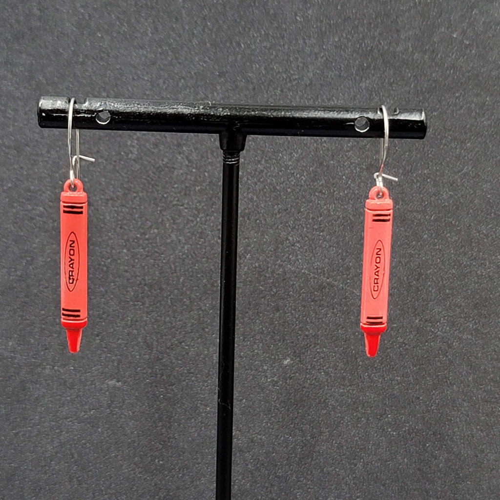 Vintage Pierced Earrings Red Crayon Dangle Silver tone Hooks Dangle 1 1/8"