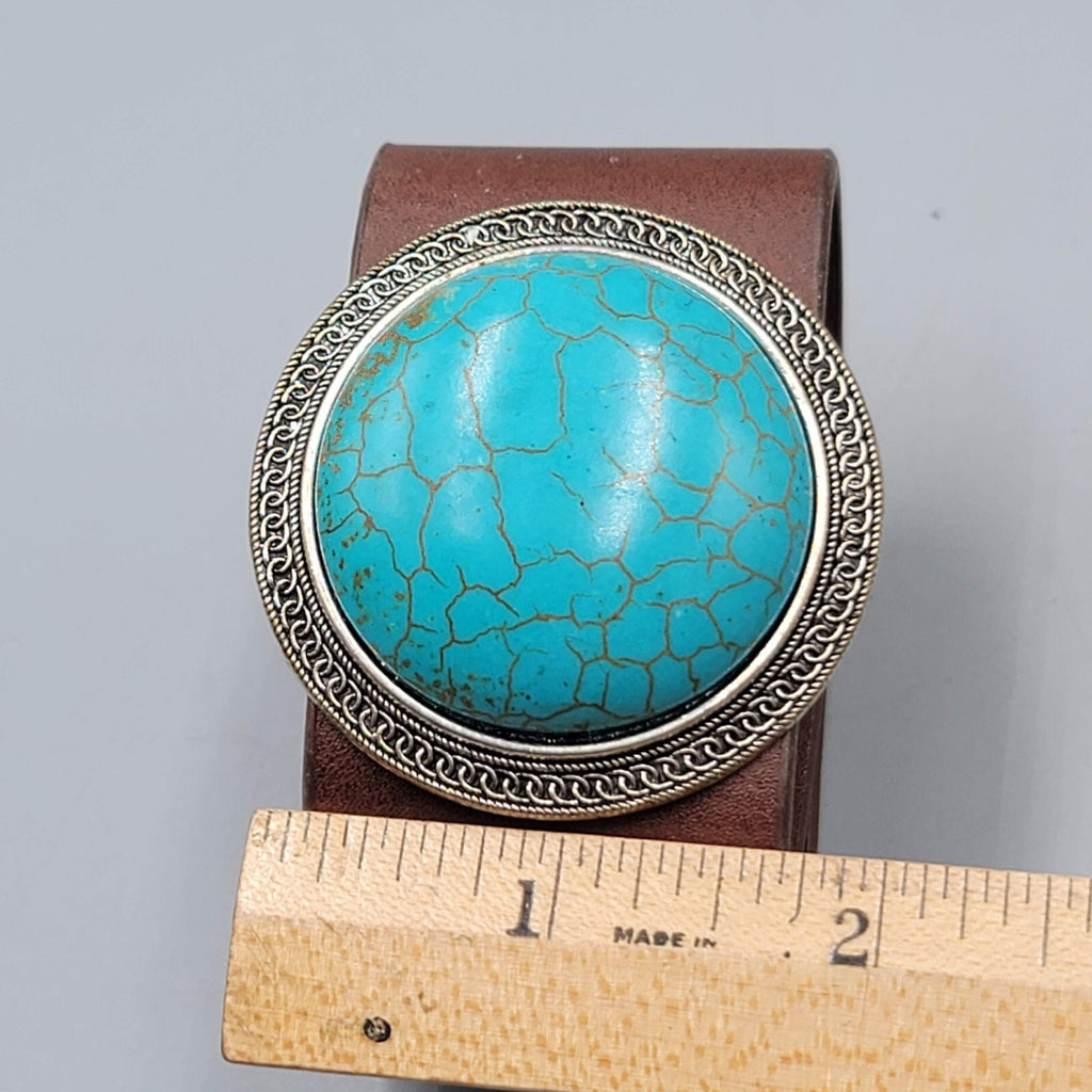 Wide Leather Statement Cuff Bracelet Blue Howlite Stone 6" or 7"