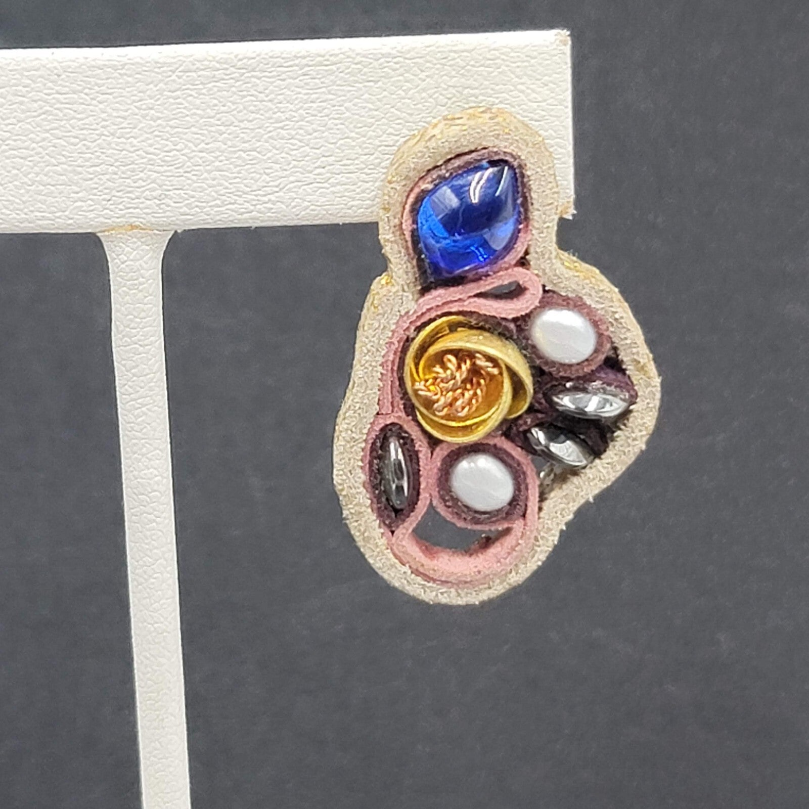 Artisan Pierced Earrings Leather Beaded Gold tone Rose Unusual Fun Drop 1.5"