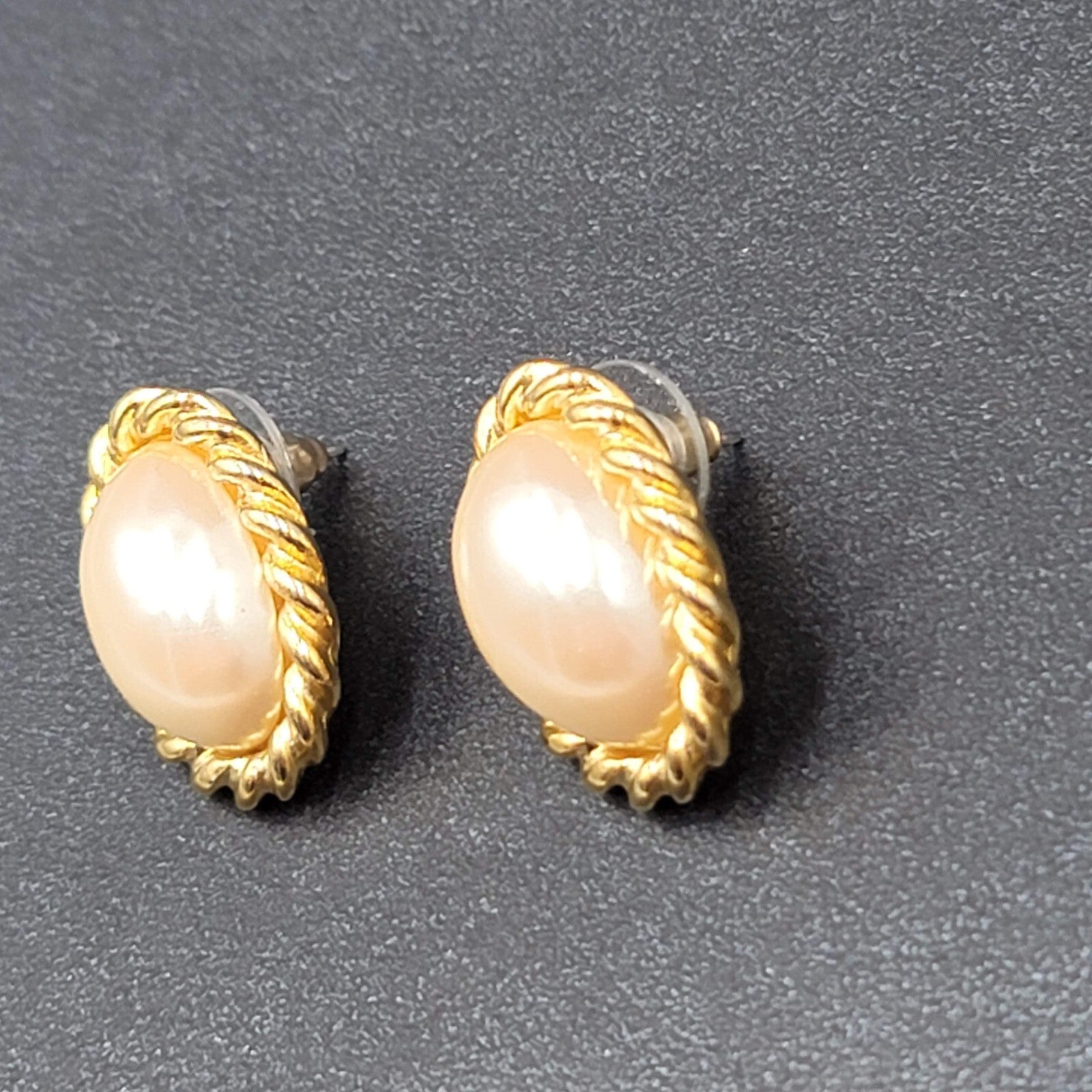 SC Pierced Earrings Gold Plated White Cabochon  7/8"