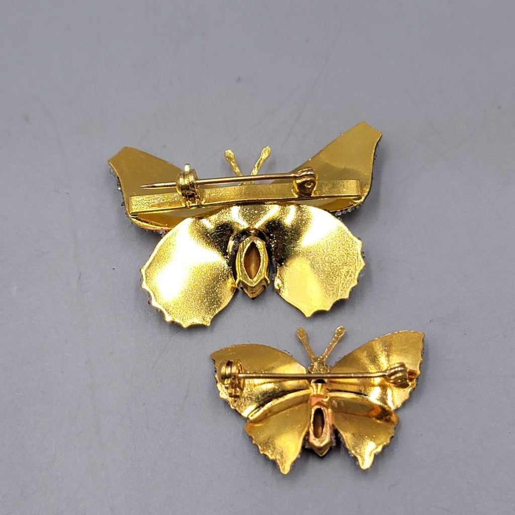Vintage Butterfly Brooch Flocked Enamel Set of 2 