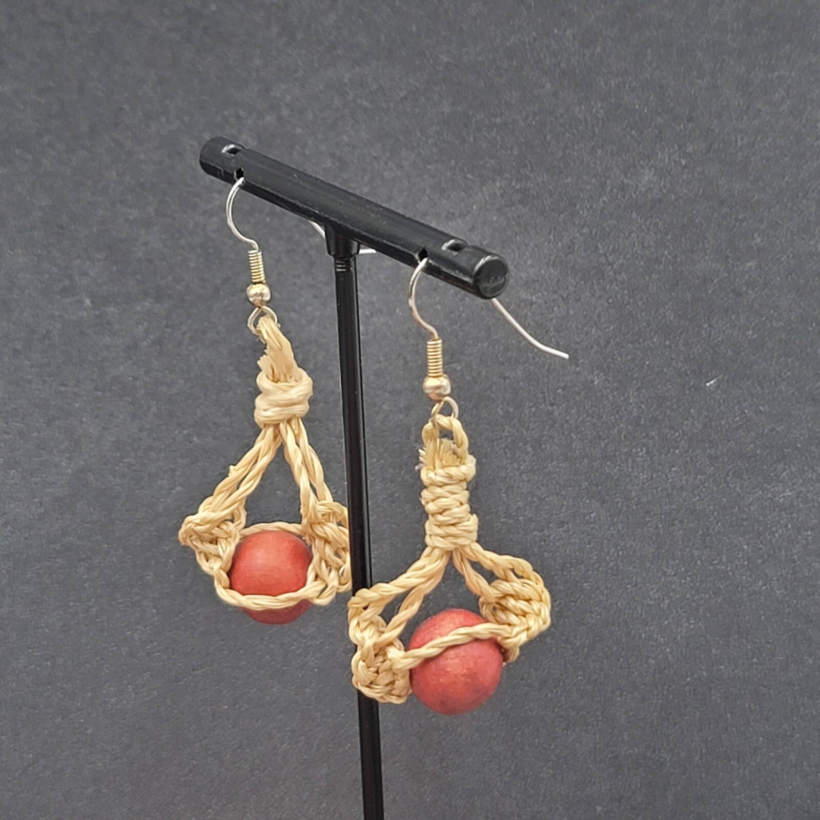 Boho Pierced Earrings Twine Knotted Wood Bead Dangle 1.5"