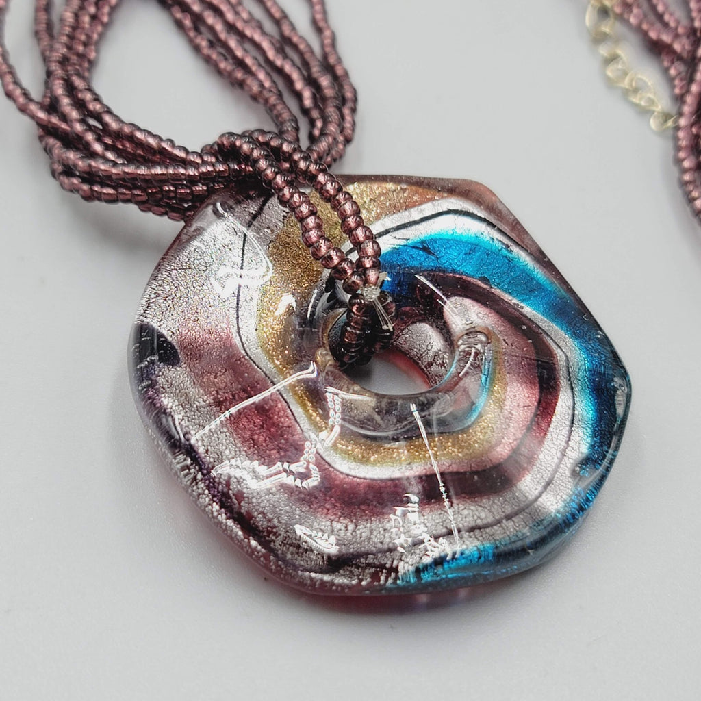 Dichroic Round Glass Pendant Necklace Seed Bead 6 Strand 20"+