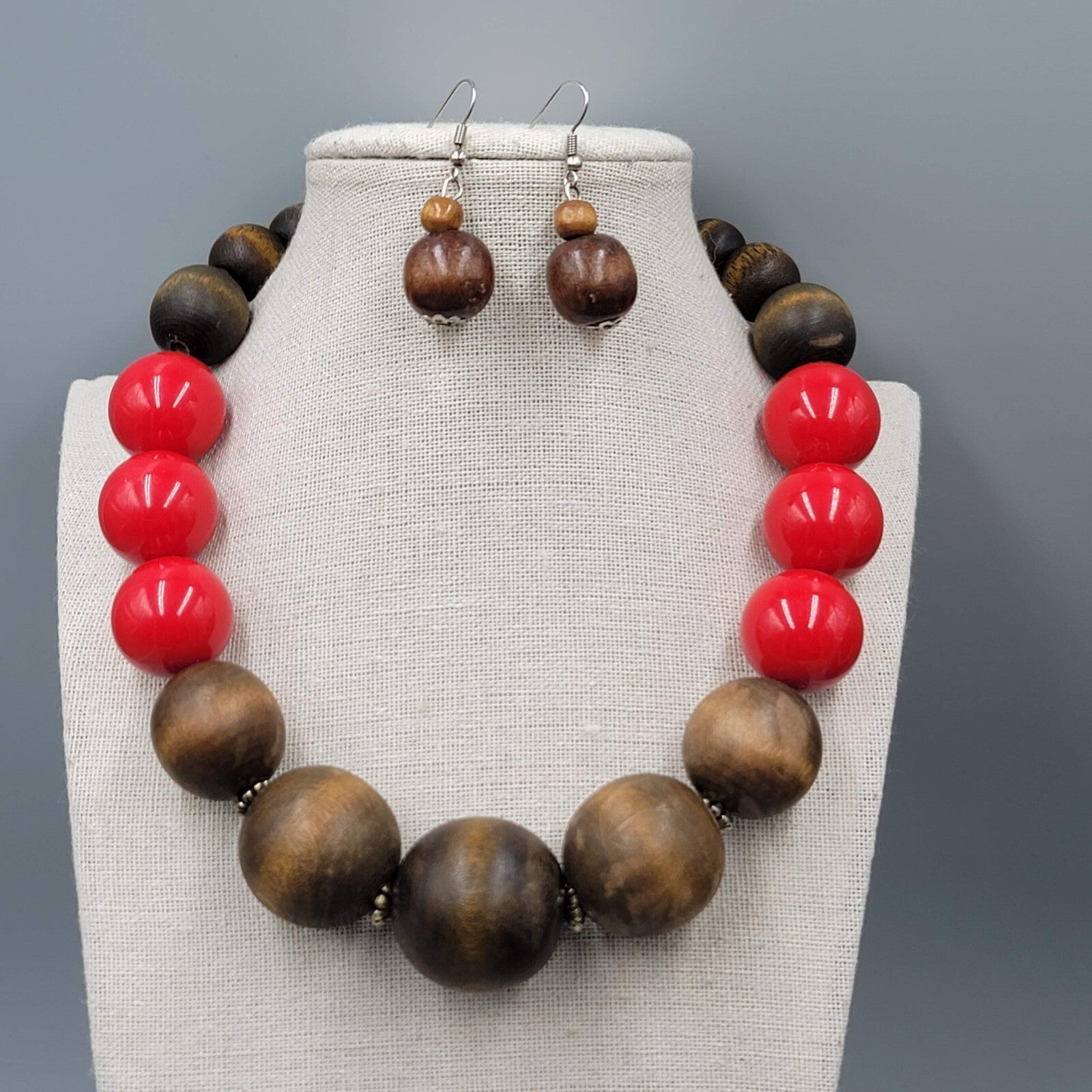 Wood Necklace Pierced Earrings Jewelry Set Large Bead Statement 18"-20"