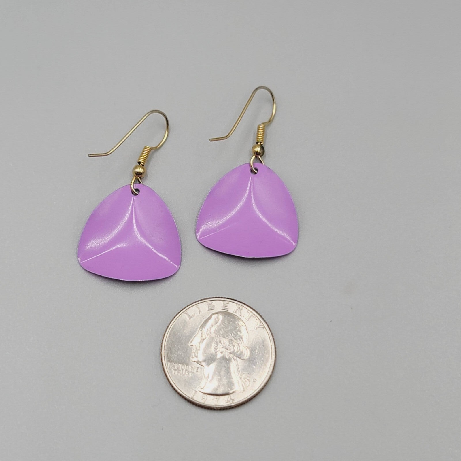 Vintage Pierced Earrings Gold tone Purple Enamel over Metal Dangle 1"