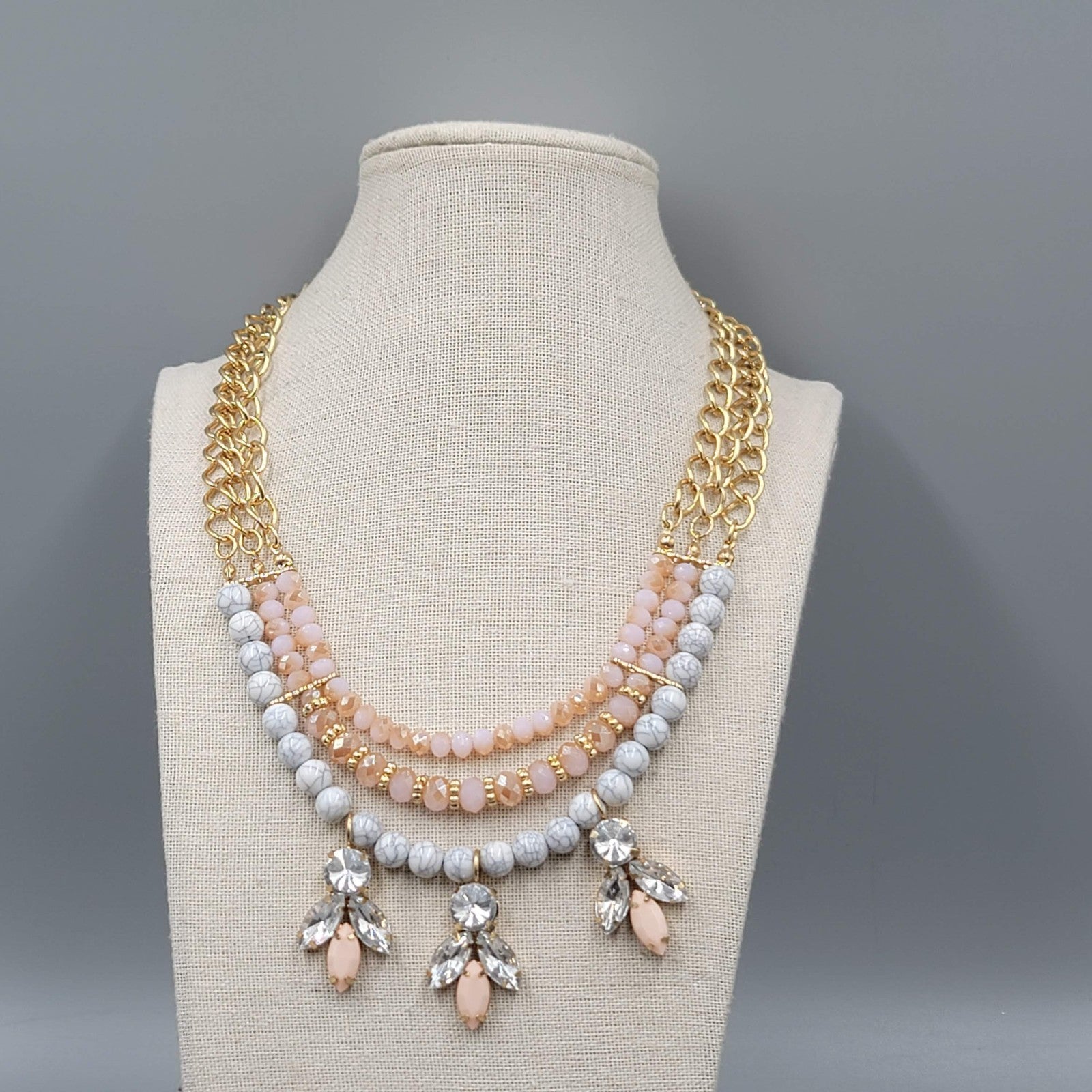 Statement Bib Necklace Gold tone Rhinestone Multi color Bead 16"-18"