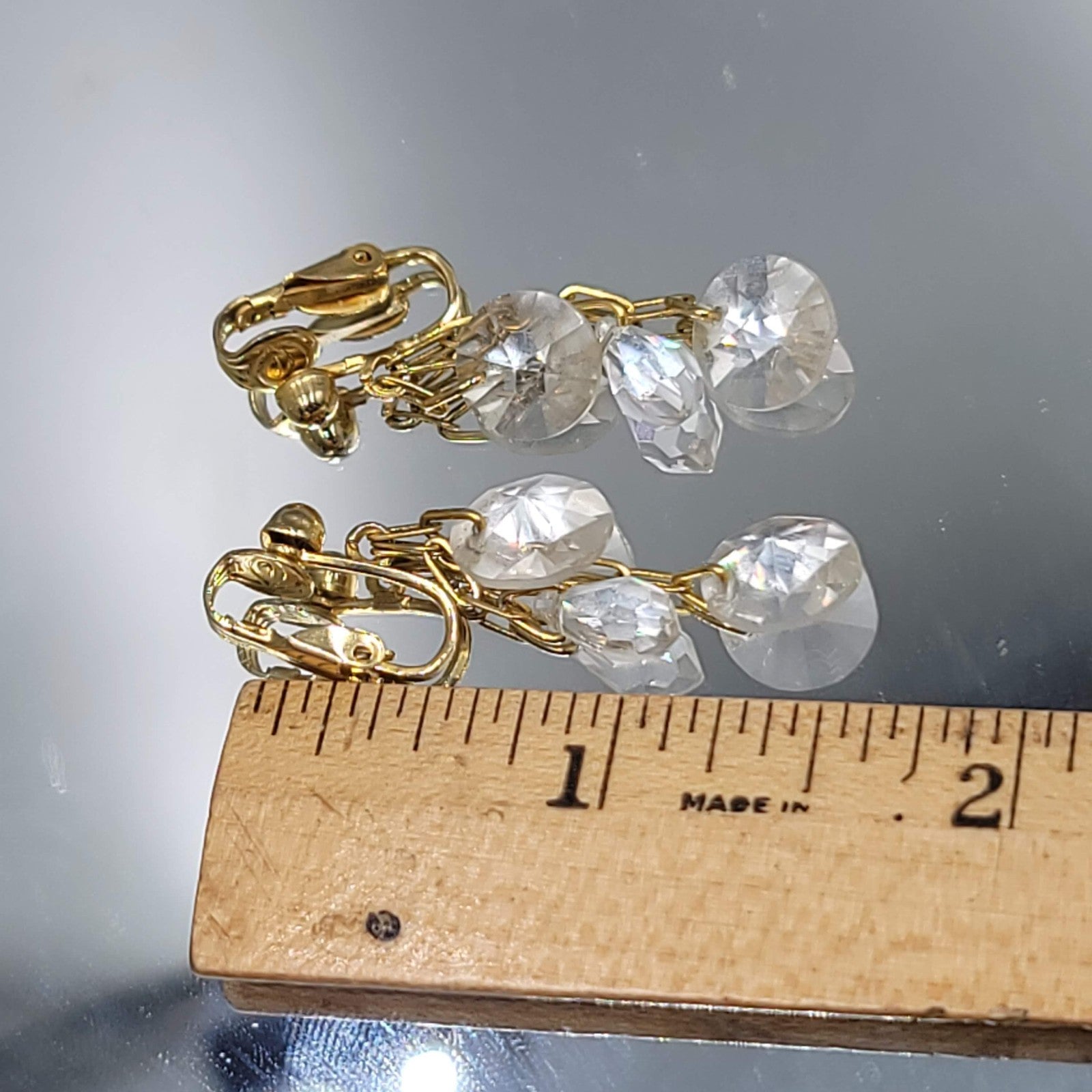 Vintage Clear Bead Clip on Earrings Gold tone Dangle 1.25 in