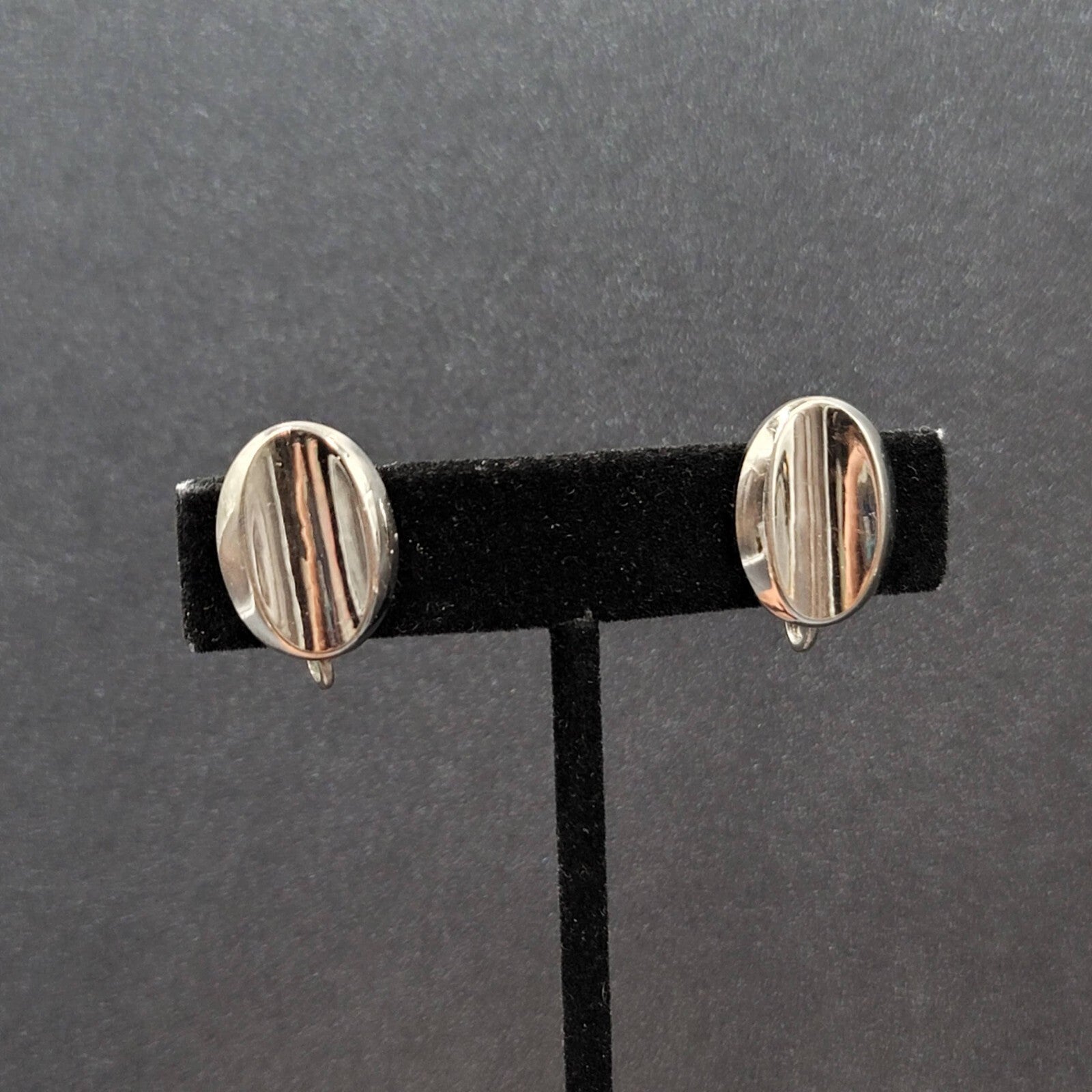 Vintage Clip on Earrings Silver tone Concave Oval Studs 3/4"
