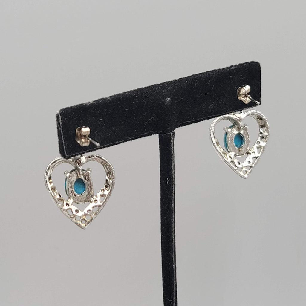 Vintage Heart Faux Turquoise Pierced Earrings Silver tone Dangle  3/4"