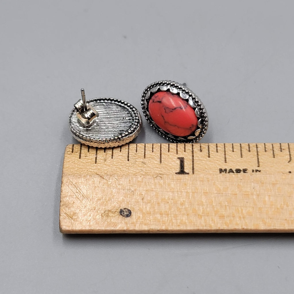 Stud Pierced Earrings Southwest Silver tone Oval Red Cabochon 1/2"