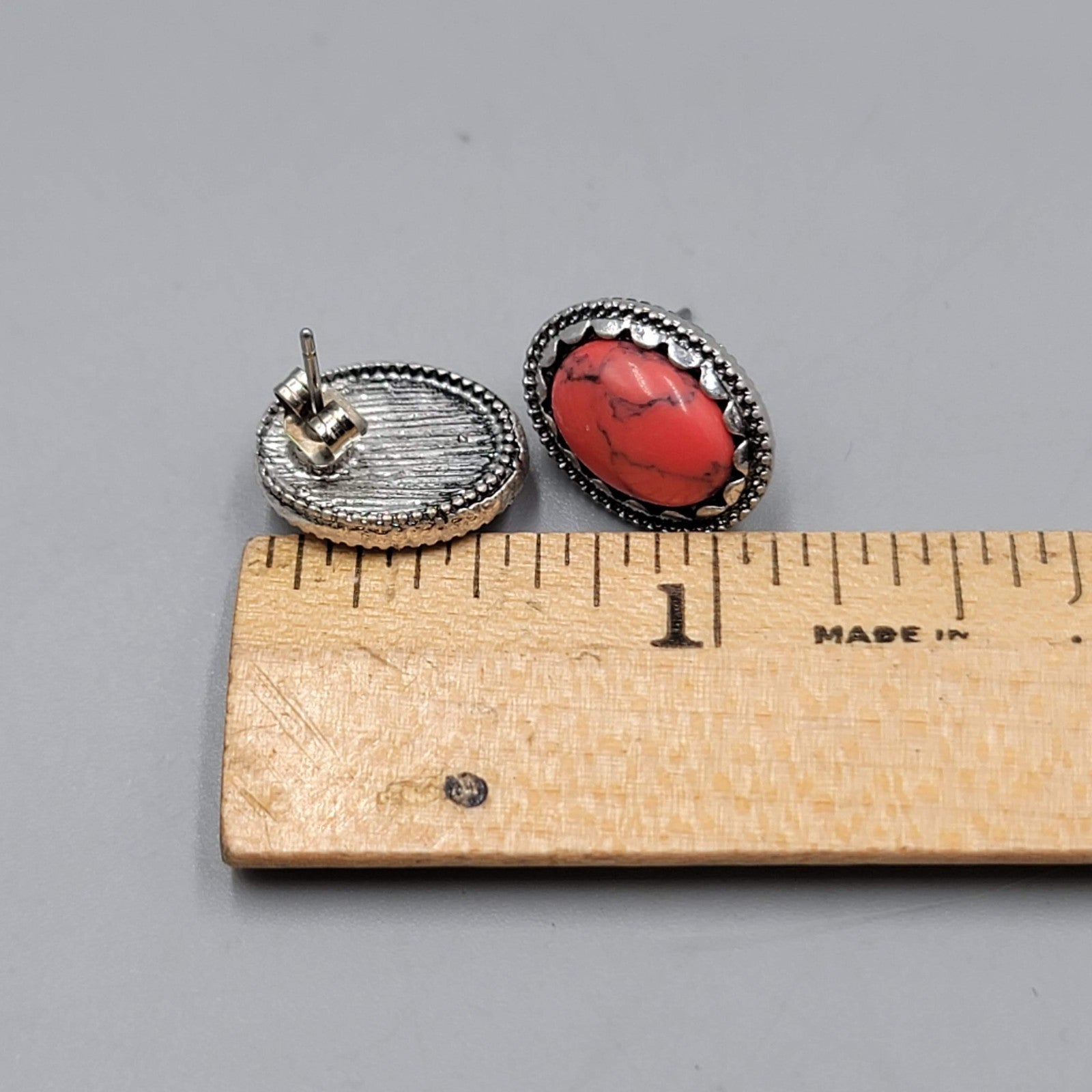 Stud Pierced Earrings Southwest Silver tone Oval Red Cabochon 1/2"