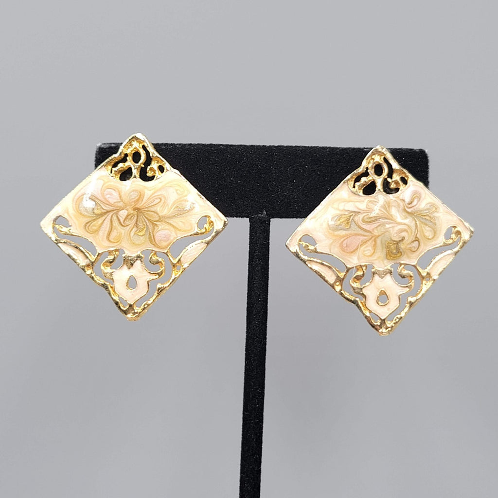 Vintage Swirl Cream Enamel Clip on Earrings Square Drop 1 3/8"