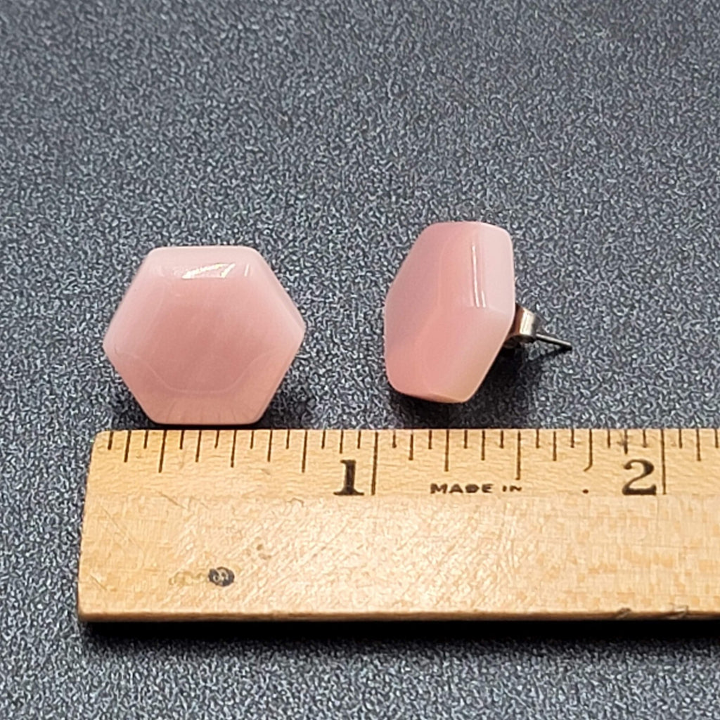 Vintage Pierced Earrings Pink Hexagon Pearlescent Studs 5/8"