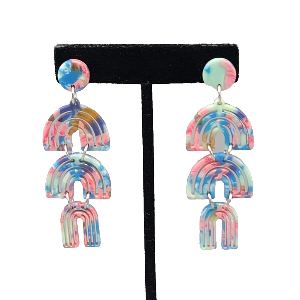 Statement Blue Pink Dangle Pierced Earrings 2.75"