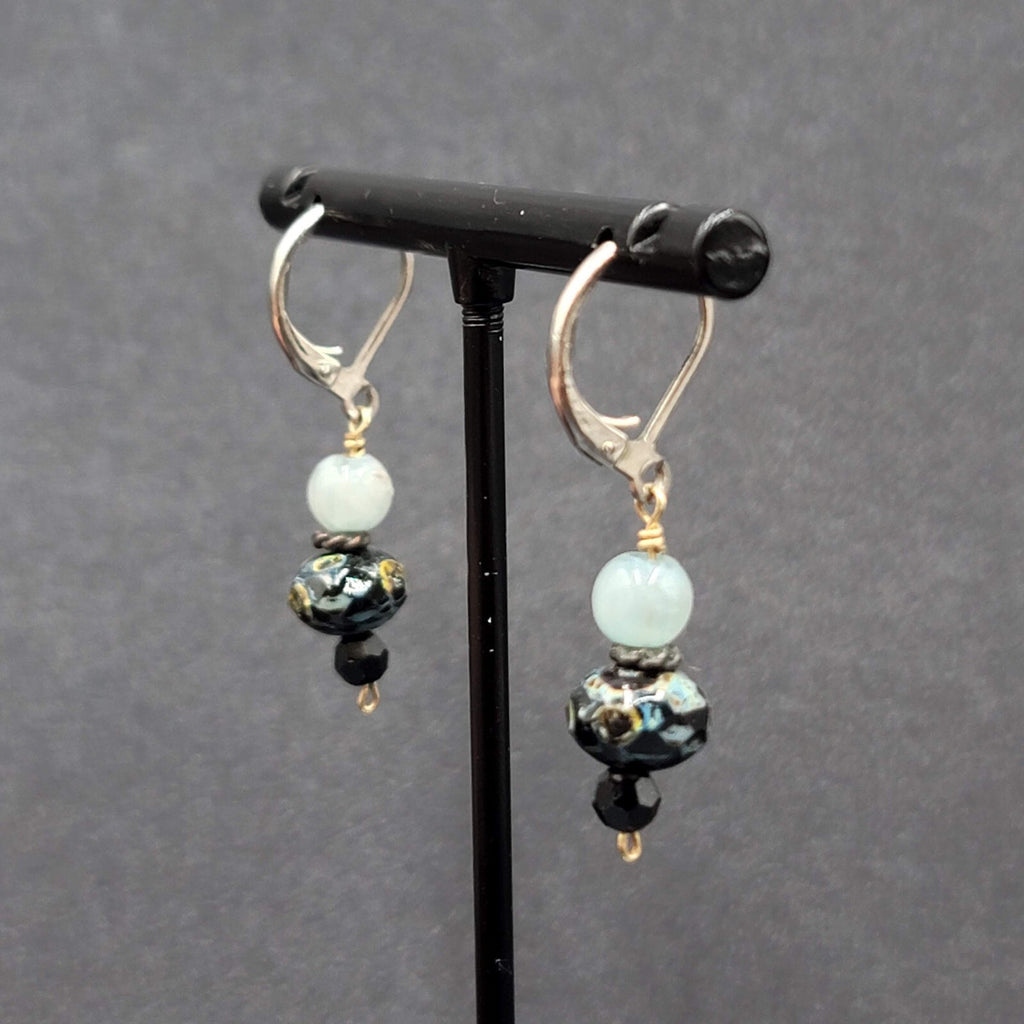 Pierced Earrings Silver tone Blue Stone Bead Dangle 3/4"