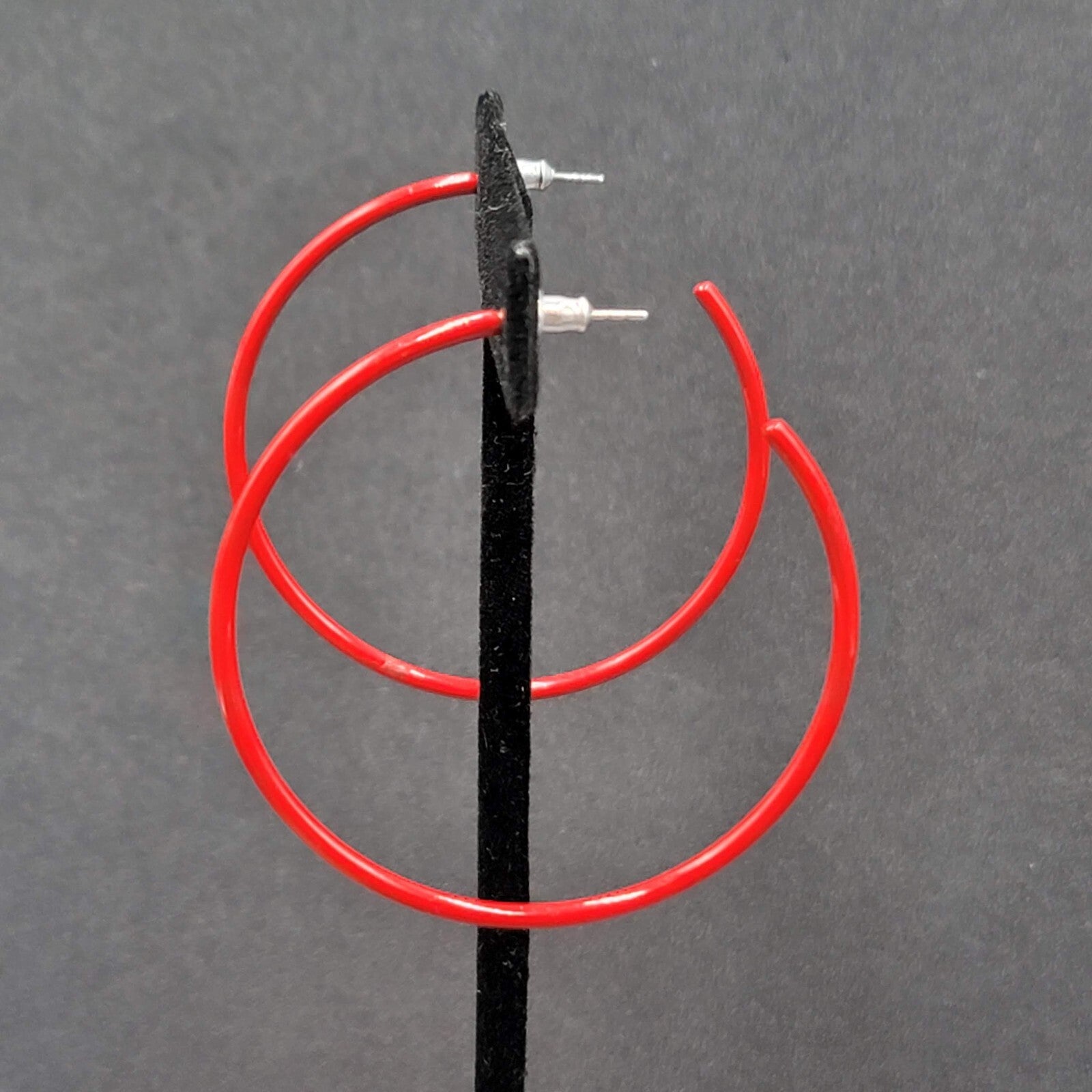 Pierced Earrings Red Enamel over Metal Large Skinny Hoops 2"