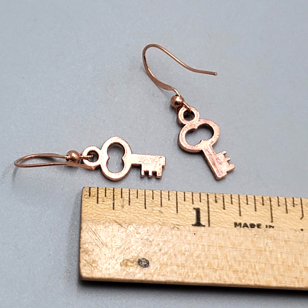 Small Copper tone Skeleton Key Pierced Earrings Dangle 5/8"