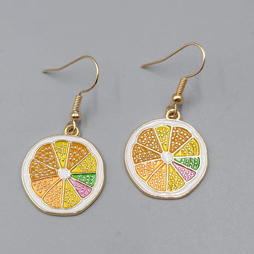 Citrus Fruit Slice Enamel Pierced Earrings Gold tone Dangle 3/4"