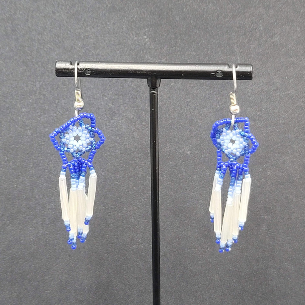 Vintage Pierced Earrings Blue White Flower Weaved Seed Beads  2"