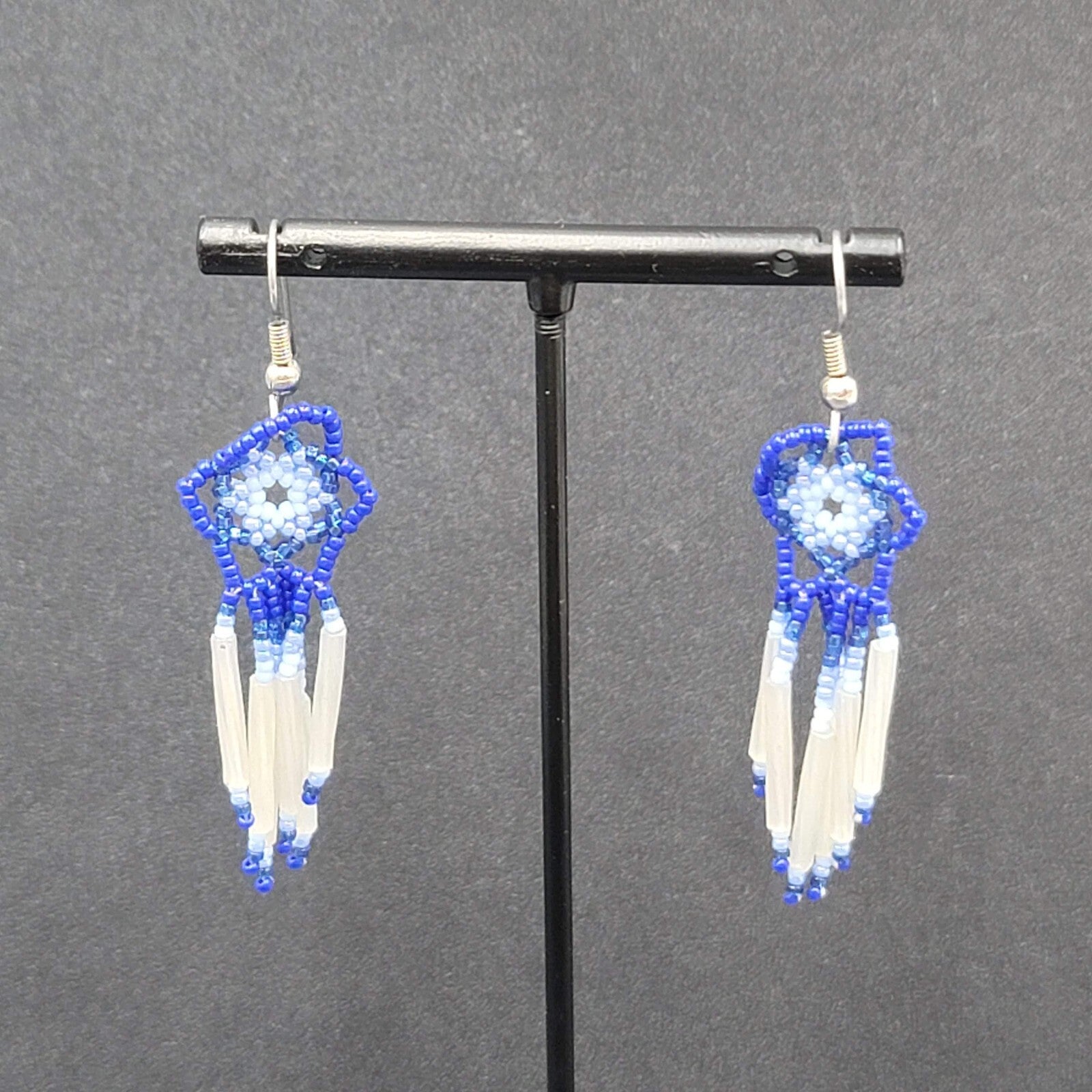 Vintage Pierced Earrings Blue White Flower Weaved Seed Beads  2"