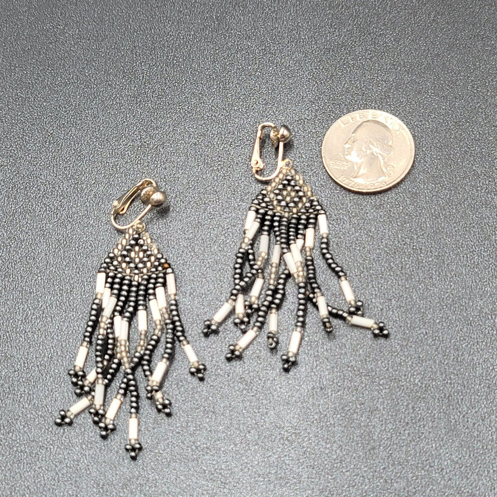Vintage Clip on Earrings Seed Bead Weaved Dangle 2 3/8"