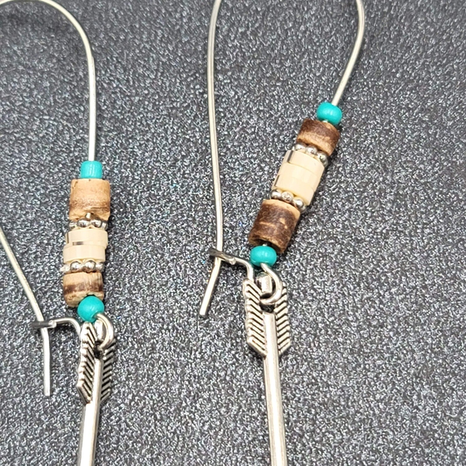 Pierced Earrings Silver tone Beaded Feather Dangle 2.5"