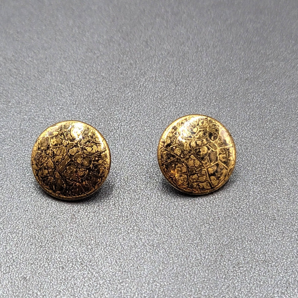 Vintage Pierced Earrings Black Gold Painted Round Ceramic Studs 3/4"