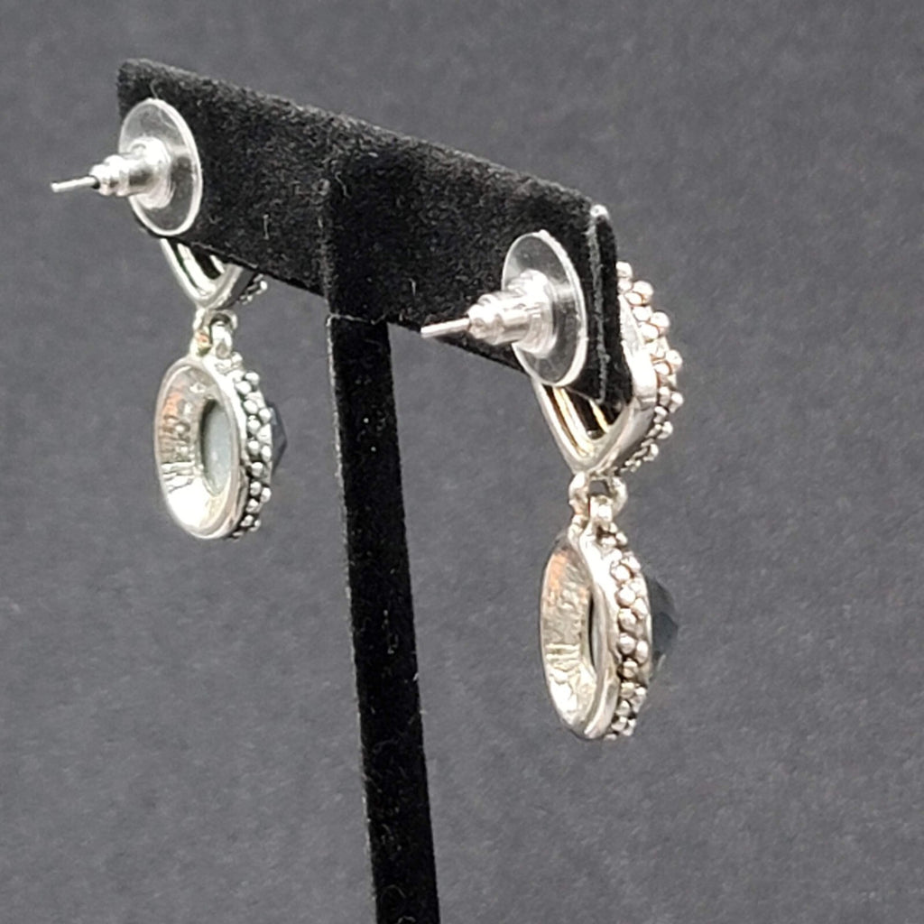 Pierced Earrings Silver tone Abalone Inlay Faceted Glass Dangle 1.25"