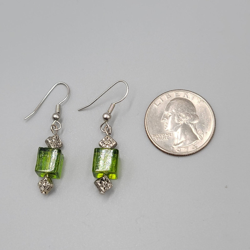Pierced Earrings Square Green Glass Bead Silver tone Dangle 1"