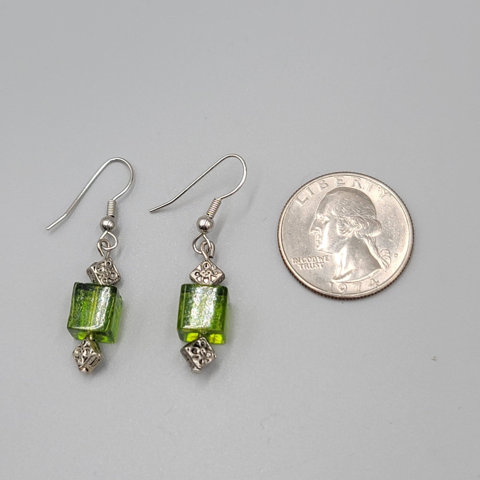 Pierced Earrings Square Green Glass Bead Silver tone Dangle 1"