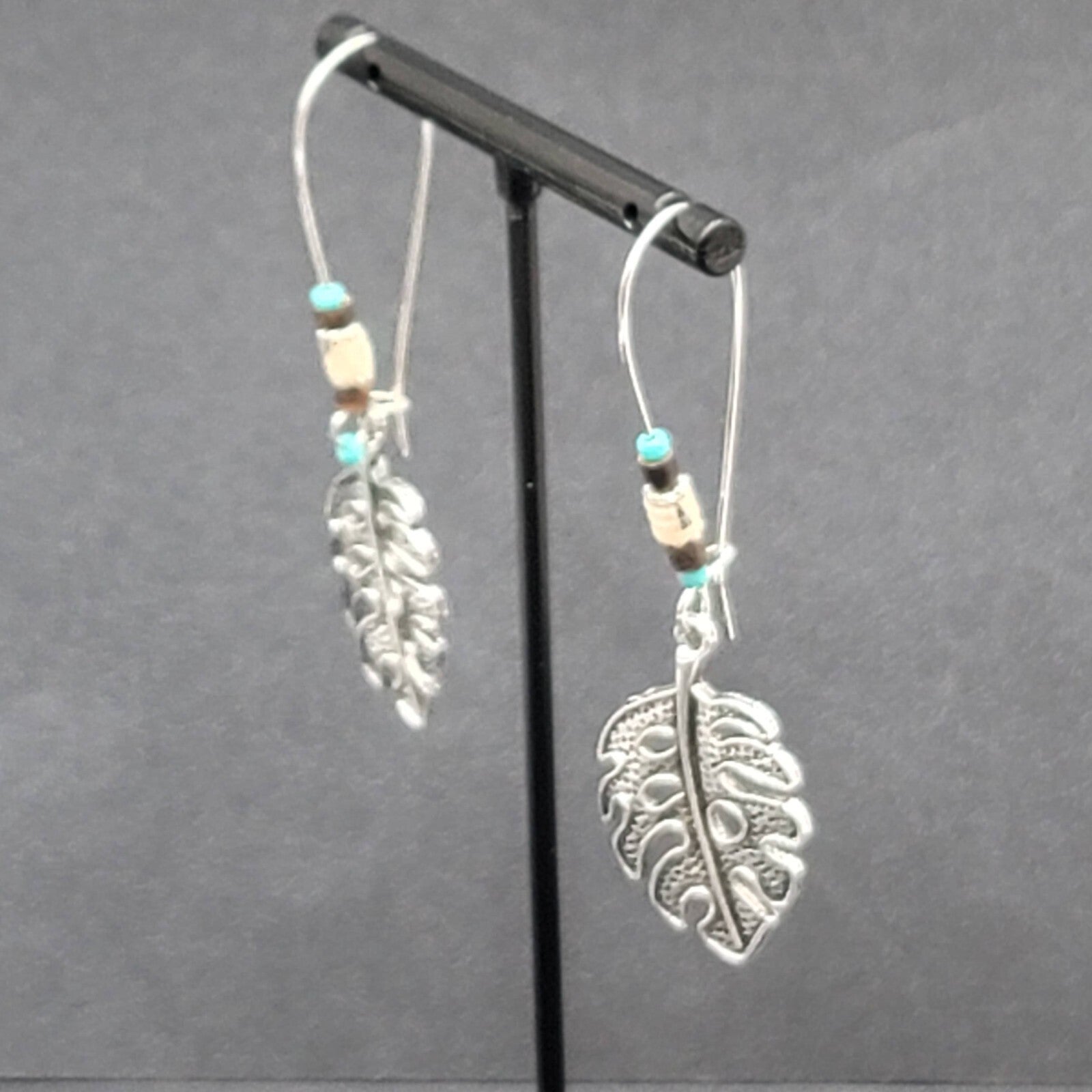 Pierced Earrings Silver tone Leaf Beaded Dangle 2.25"