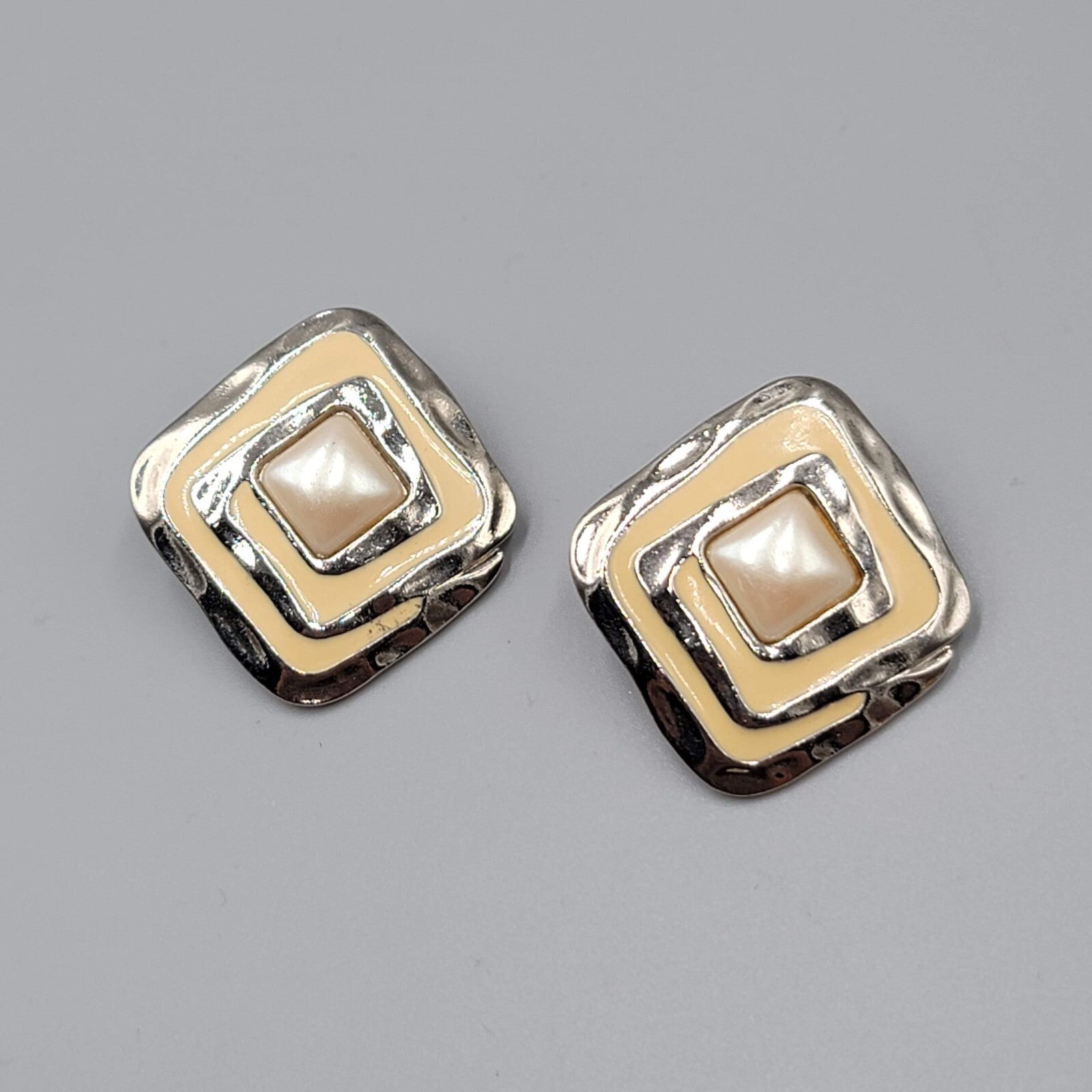 Vintage Pierced Earrings Silver tone Ivory Enamel Drop Square 1 5/8"