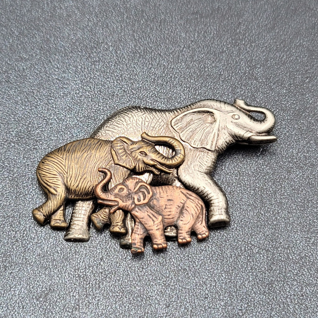 Vintage K & T Elephants Brooch Pin Copper Brass Silver Tone Modern Signed