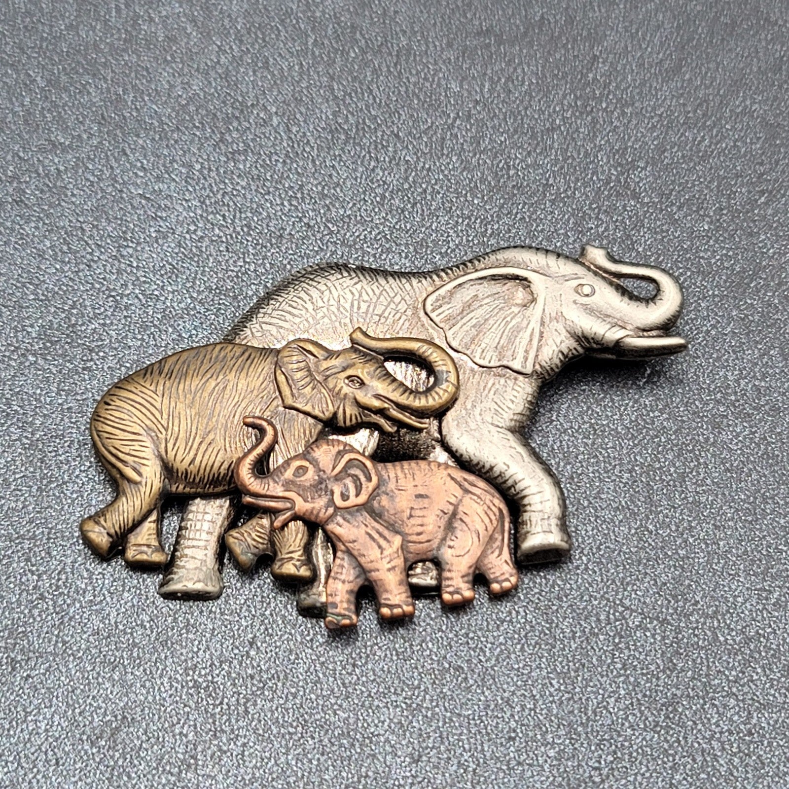 Vintage K & T Elephants Brooch Pin Copper Brass Silver Tone Modern Signed