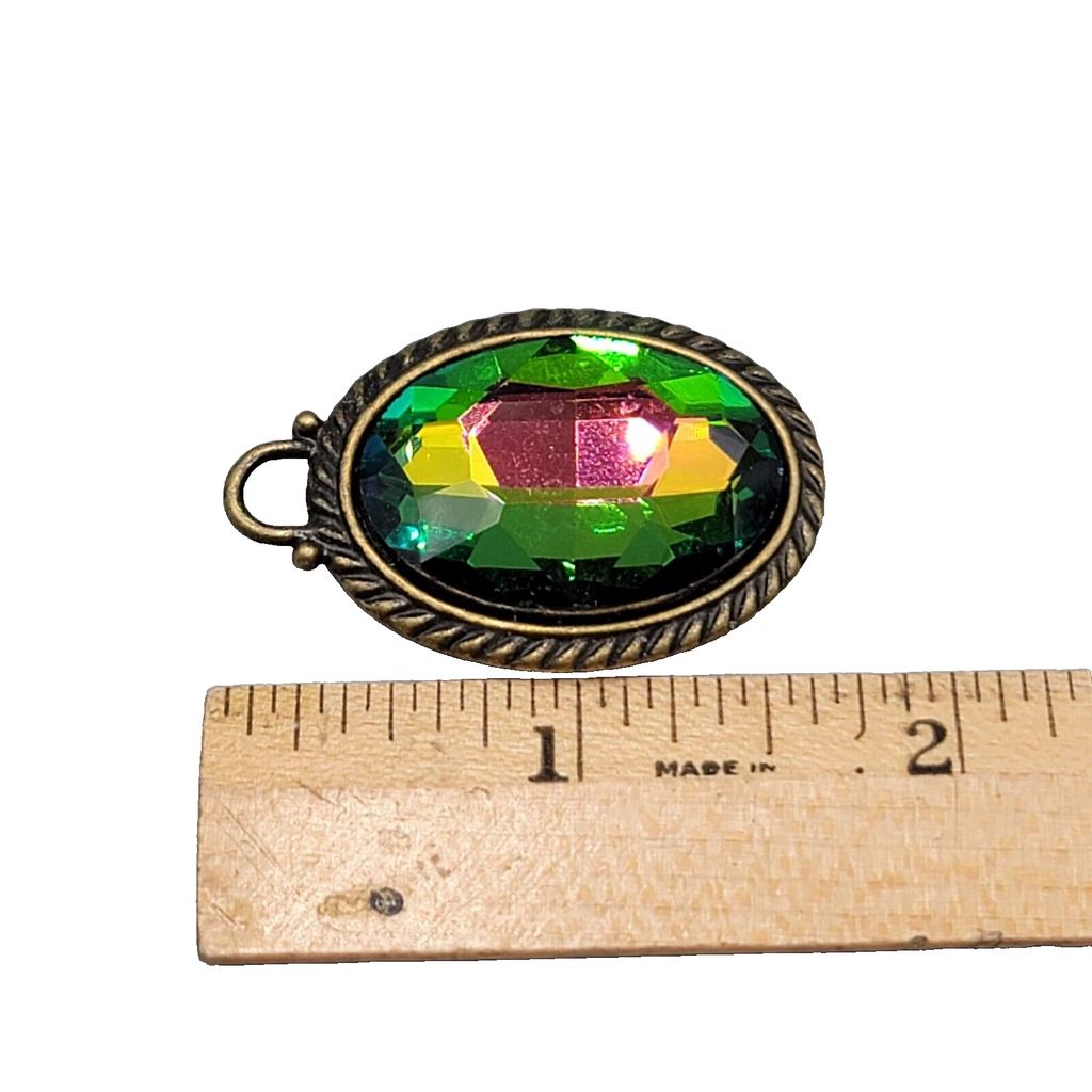 Rainbow Faceted Glass Pendant Bronze tone  1.5"